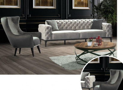 Chesterfield Sofagarnitur Sofa 3+1 Sitzer Stoff Grau Luxus Sofas Weiß